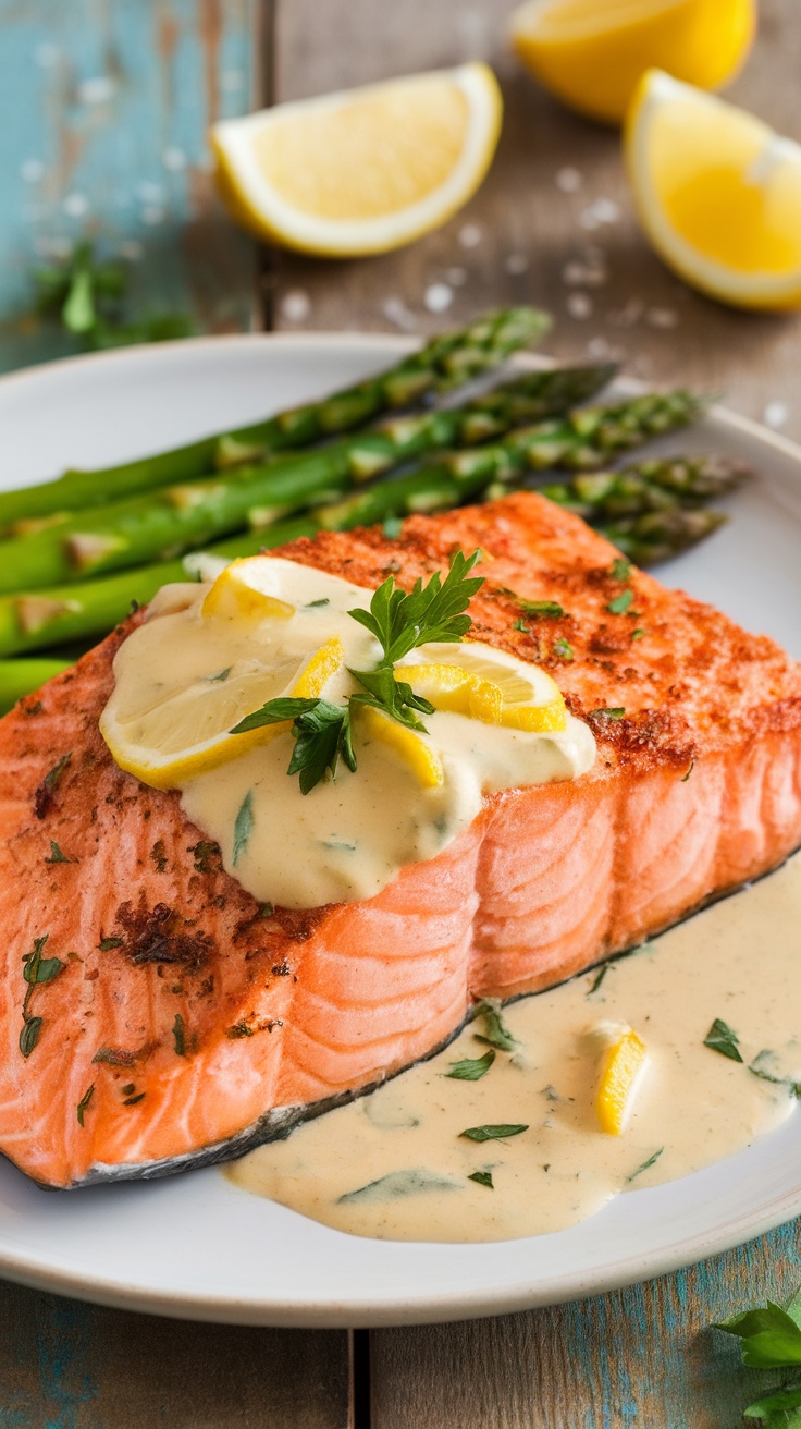 A plate of creamy lemon garlic salmon garnished with parsley, accompanied by asparagus and lemon wedges.